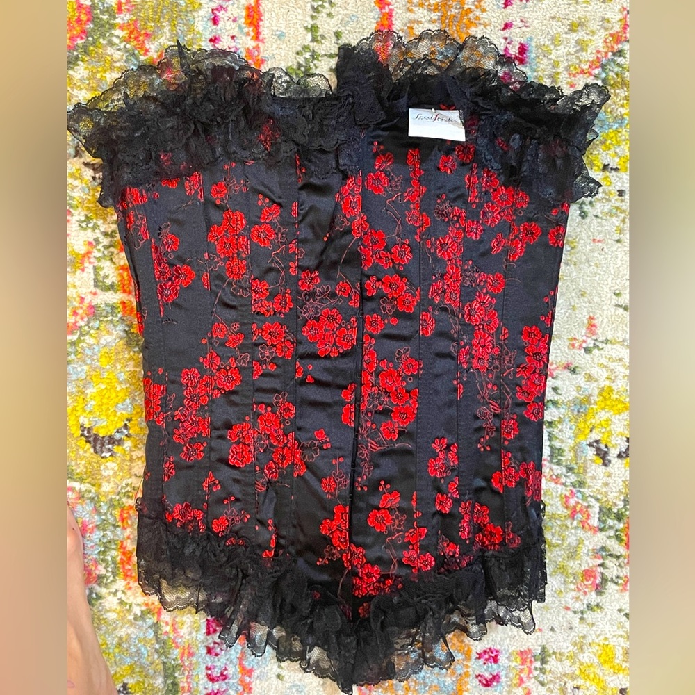 Fredrick’s of Hollywood Red Flowers Satin Corset 34 New
